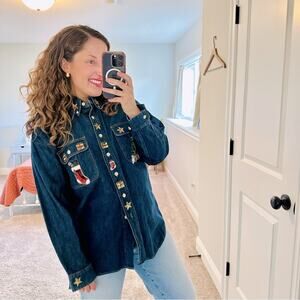 Vintage Geoffrey Beene Blue Denim Christmas Button Up Top 8